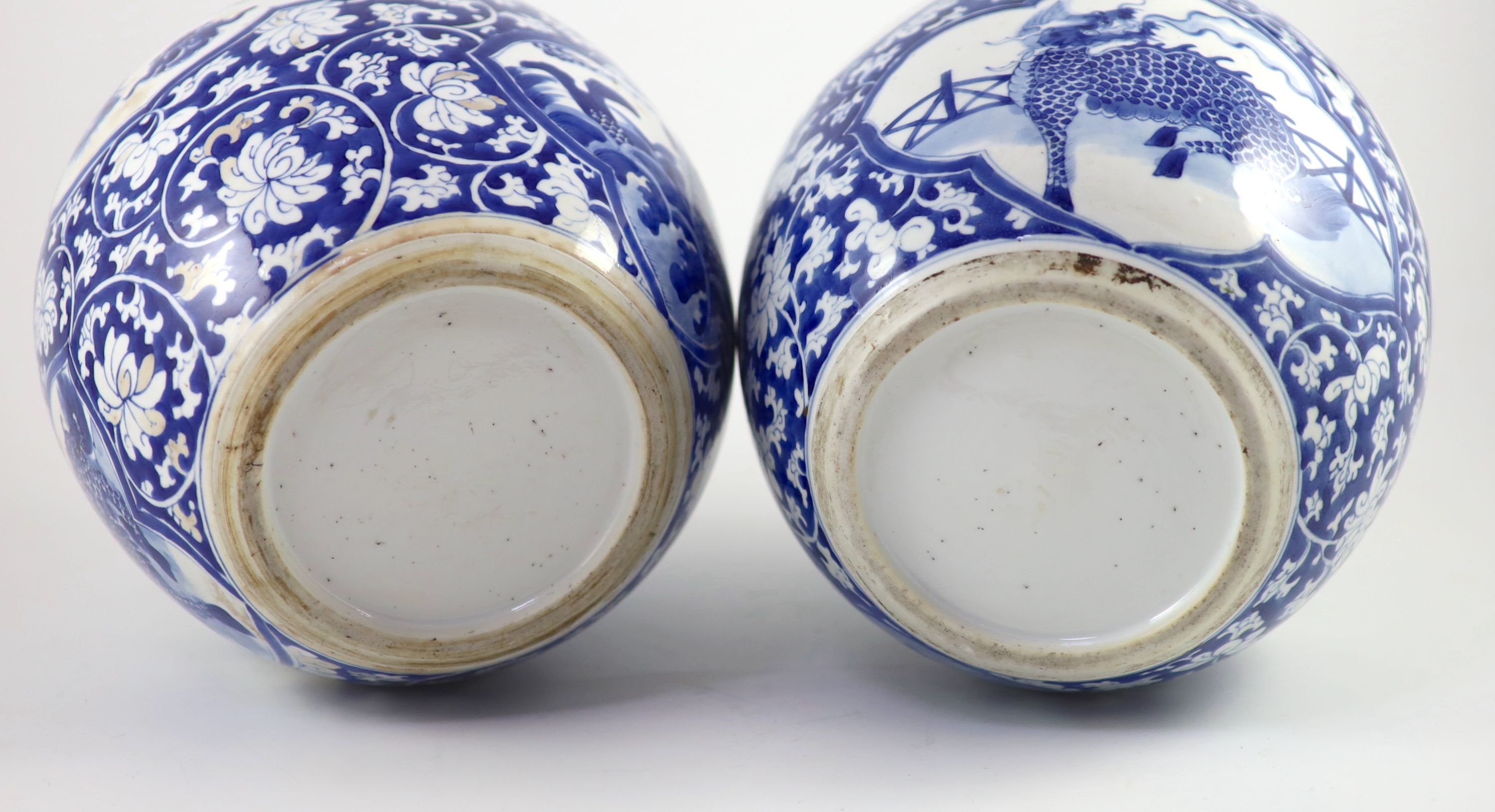 A good pair of Chinese blue and white ‘mythical beast’ jars, Kangxi period, Slight height difference 23 cm and 23.5 cm high